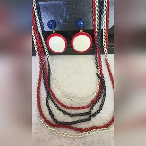 Vintage Metal Red,White,and Blue Necklace and Drop Clip On Earrings